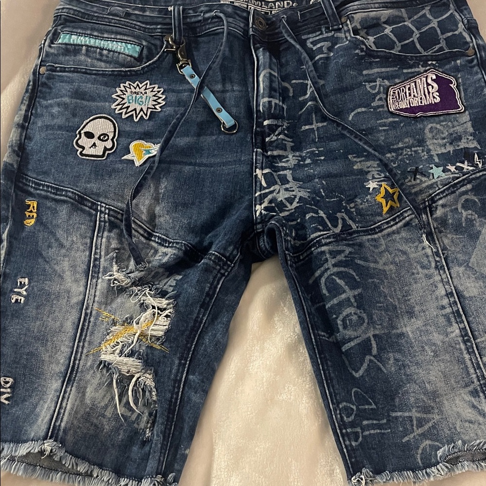 Men's Distressed Denim Shorts with Patches
